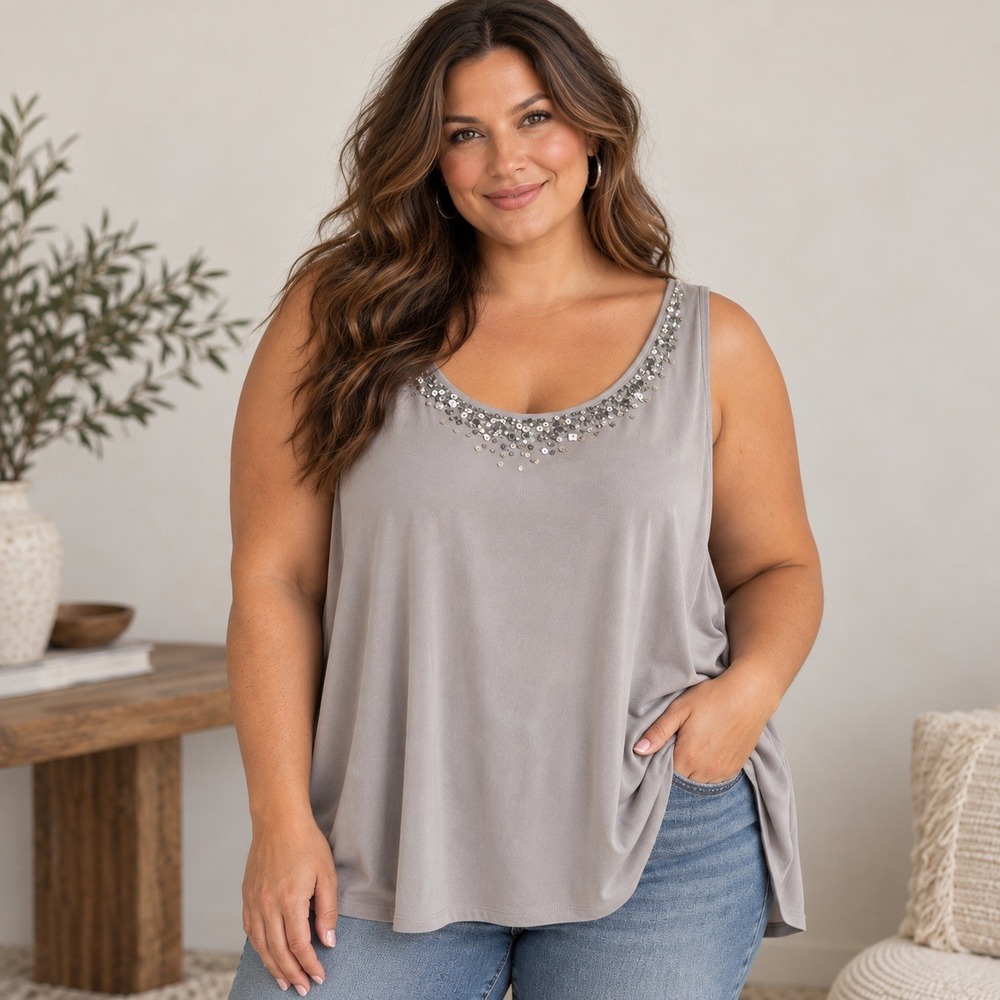 Eileen Fisher Woman Gray 100% Silk Sequin Scoop Neck Tank Top 2X Silver Holiday